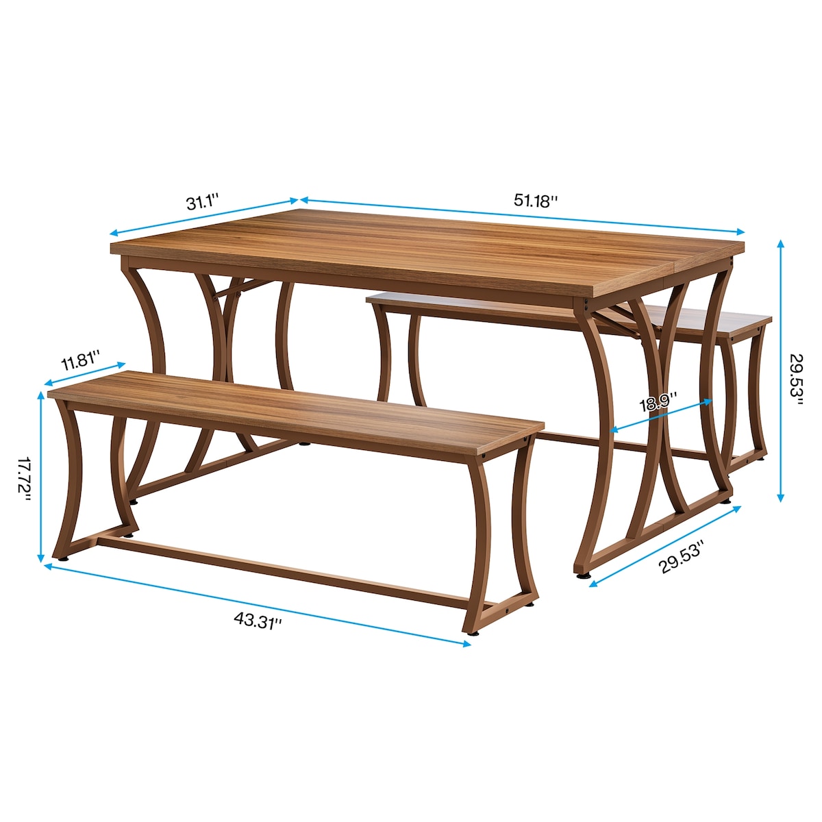 51" Rectangle Kitchen Dining Table with Bench Set for 4 People