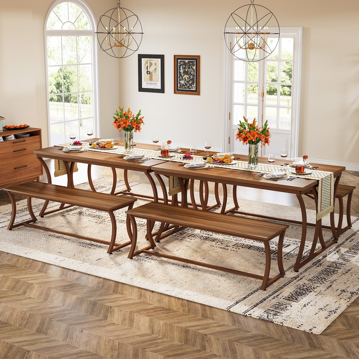 51" Rectangle Kitchen Dining Table with Bench Set for 4 People