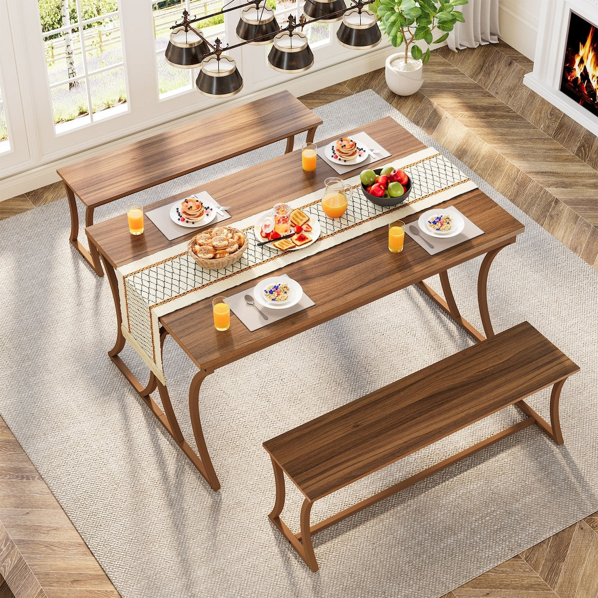 51" Rectangle Kitchen Dining Table with Bench Set for 4 People