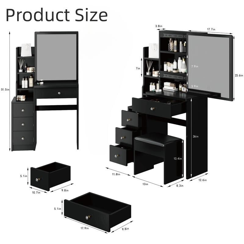 51"H Vanity Table with Cushioned Stool, Extra large Sliding mirror,Practical Fashionable Dresser, Modern Makeup Furniture