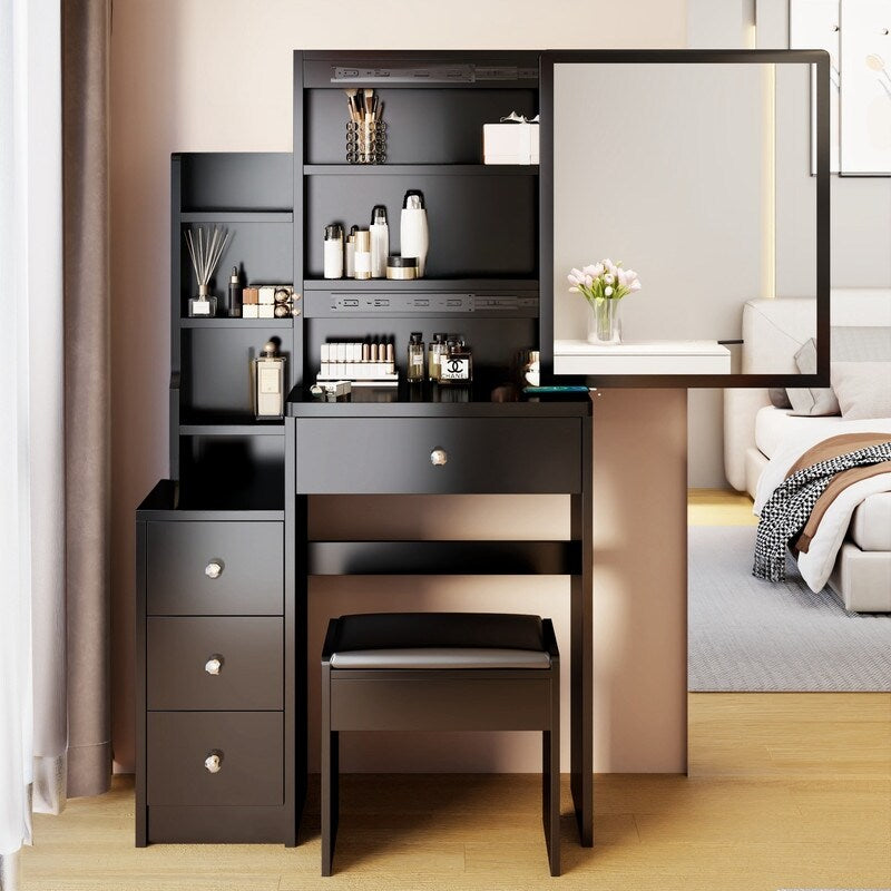 51"H Vanity Table with Cushioned Stool, Extra large Sliding mirror,Practical Fashionable Dresser, Modern Makeup Furniture