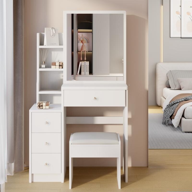 51"H Vanity Table with Cushioned Stool, Extra large Sliding mirror,Practical Fashionable Dresser, Modern Makeup Furniture