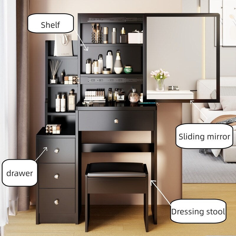 51"H Vanity Table with Cushioned Stool, Extra large Sliding mirror,Practical Fashionable Dresser, Modern Makeup Furniture