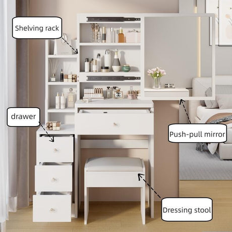 51"H Vanity Table with Cushioned Stool, Extra large Sliding mirror,Practical Fashionable Dresser, Modern Makeup Furniture