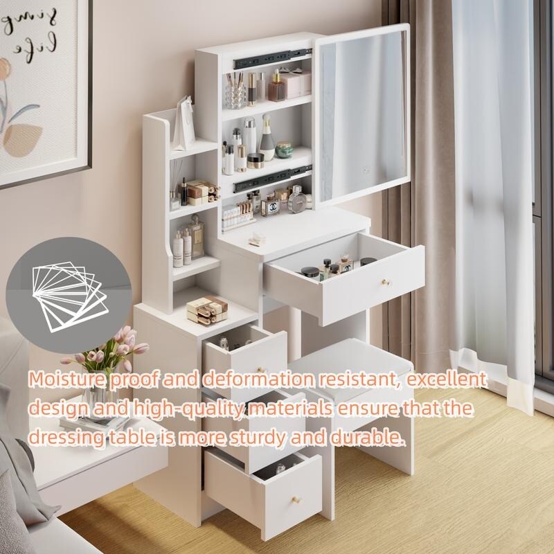 51"H Vanity Table with Cushioned Stool, Extra large Sliding mirror,Practical Fashionable Dresser, Modern Makeup Furniture