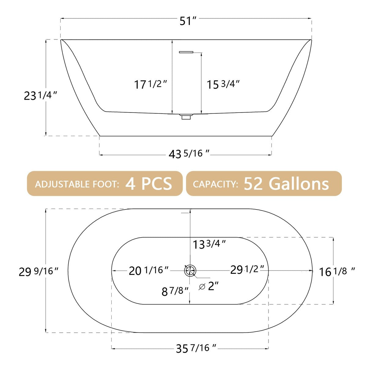51'' x 27.5'' Acrylic Freestanding Soaking Bathtub Contemporary Stand Alone Tub with Overflow and Pop-up Drain