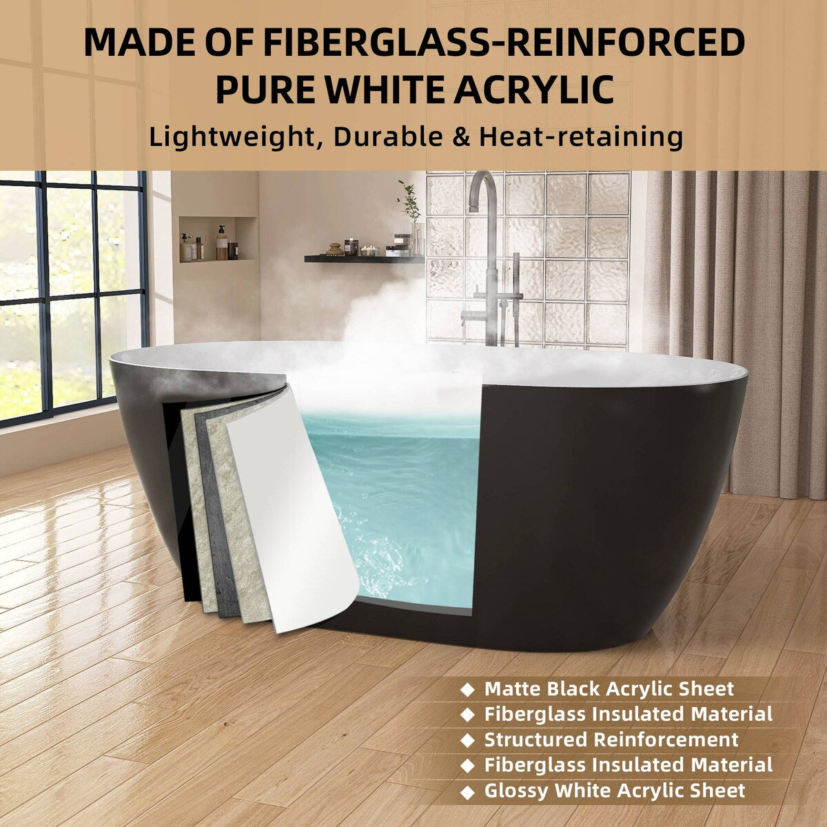 51'' x 27.5'' Acrylic Freestanding Soaking Bathtub Contemporary Stand Alone Tub with Overflow and Pop-up Drain
