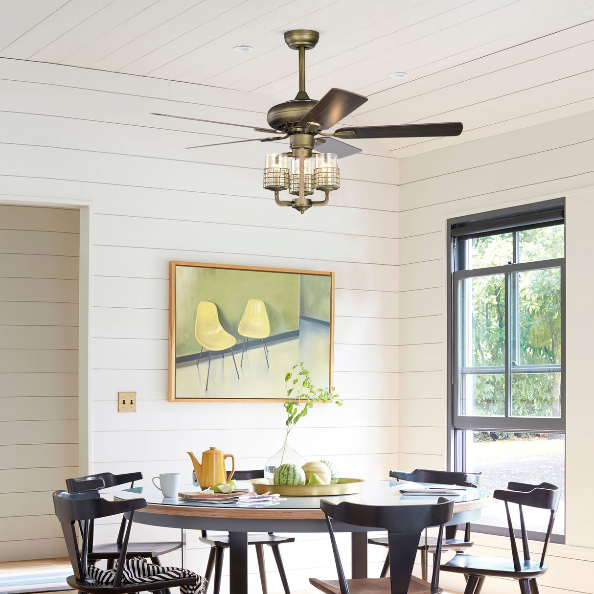 52 Inch Bronze Metal 3-Lights Ceiling Fan with Remote Control,5 Blades