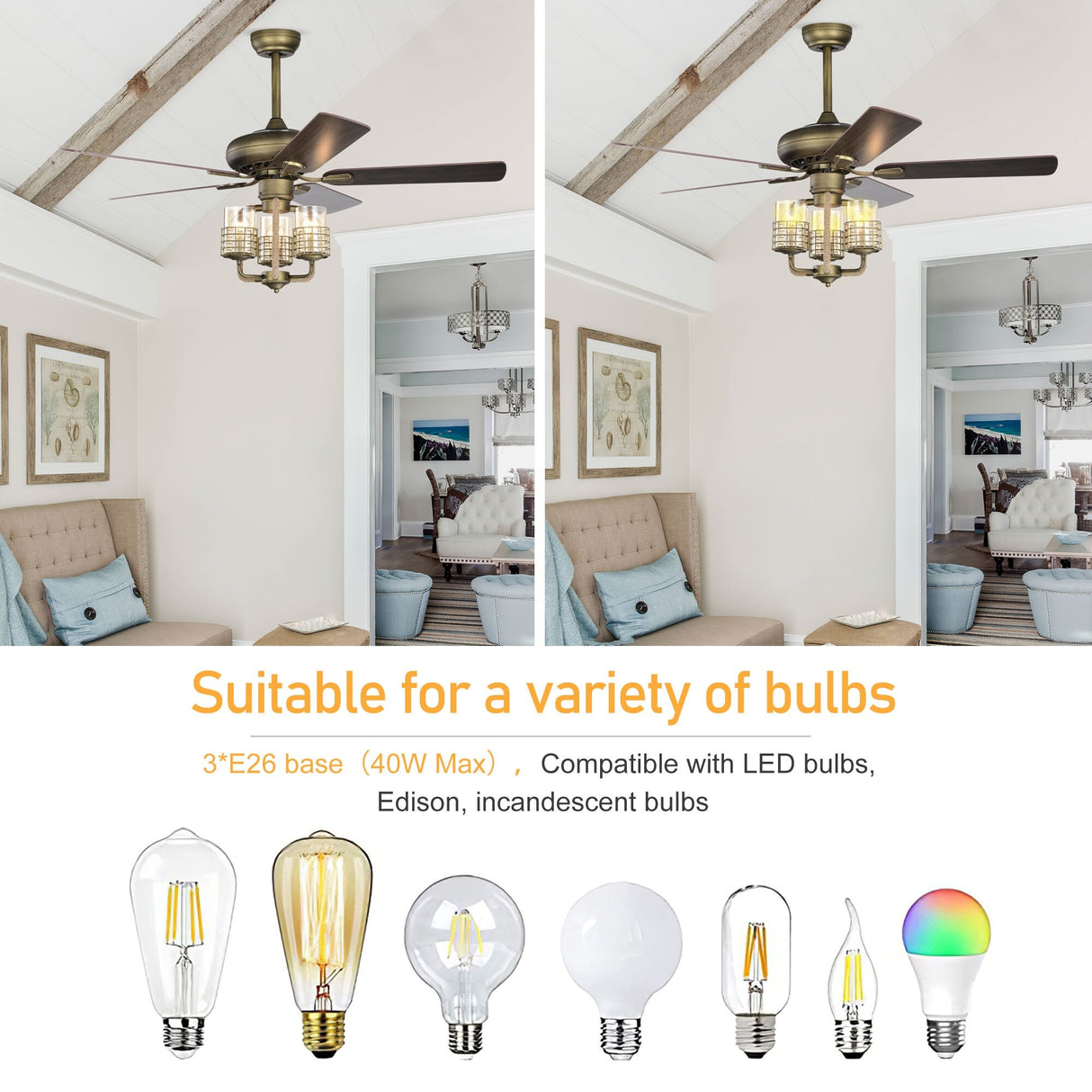 52 Inch Bronze Metal 3-Lights Ceiling Fan with Remote Control,5 Blades
