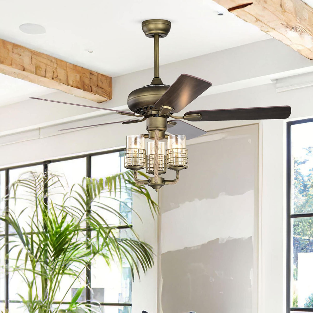 52 Inch Bronze Metal 3-Lights Ceiling Fan with Remote Control,5 Blades