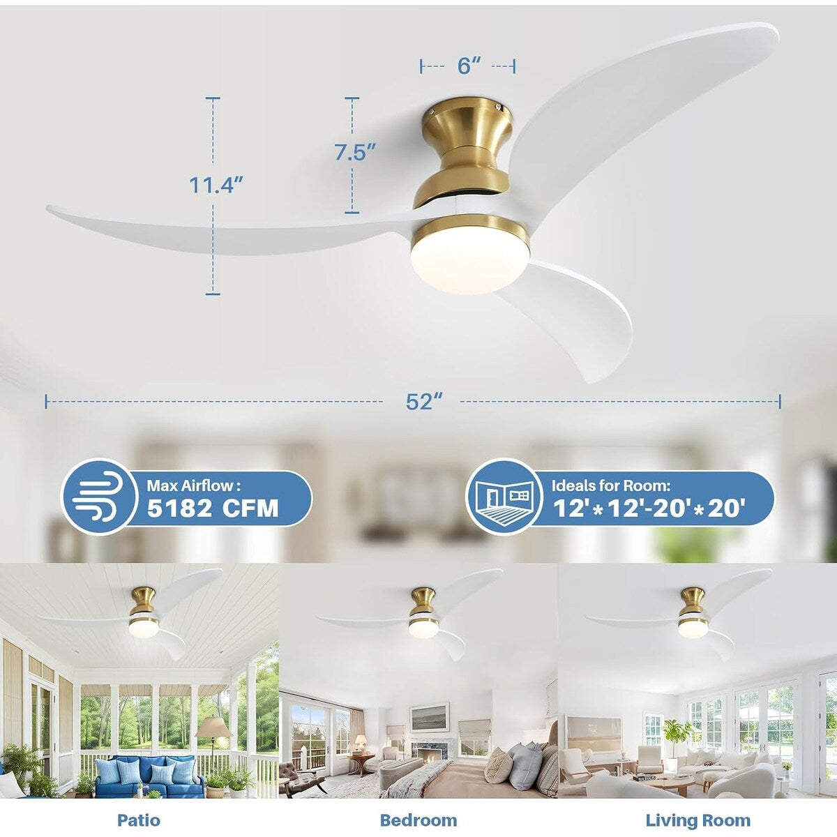 52 Inch Ceiling Fan with 3 Color Dimmable 3 Blades Remote Control