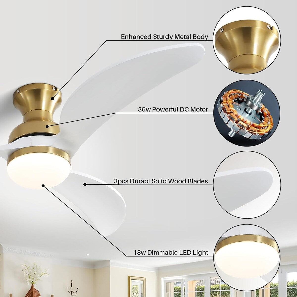 52 Inch Ceiling Fan with 3 Color Dimmable 3 Blades Remote Control