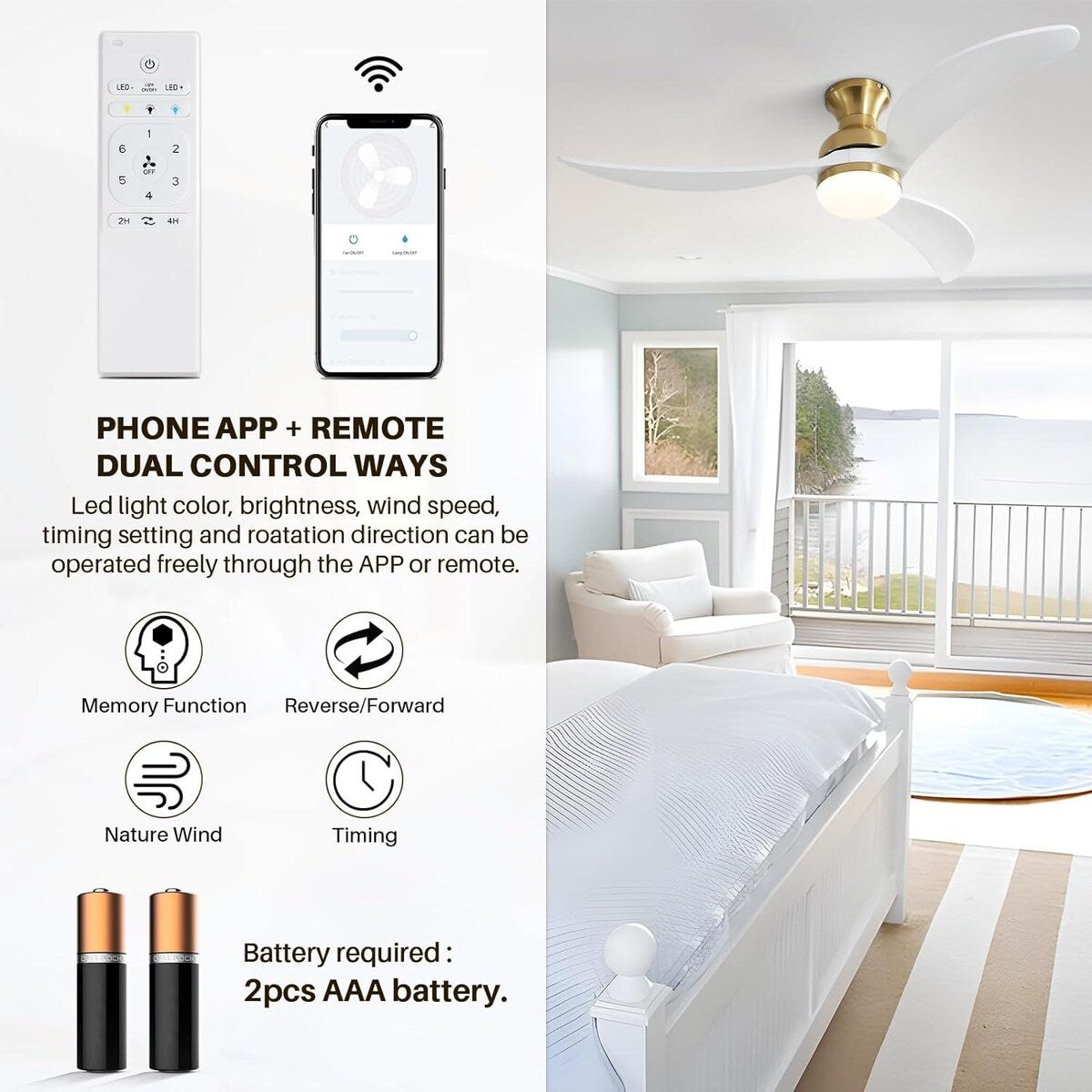 52 Inch Ceiling Fan with 3 Color Dimmable 3 Blades Remote Control