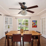 52 Inch Crystal Ceiling Fan With 3 Speed Wind 5 Plywood Blades Remote Control Reversible AC Motor