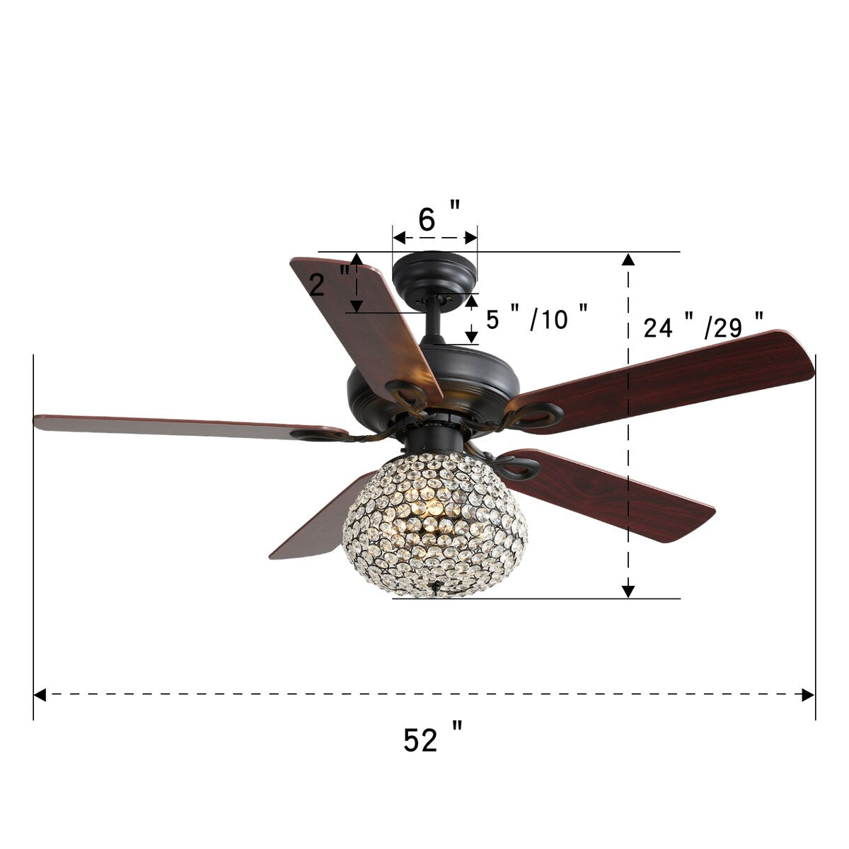 52 Inch Crystal Ceiling Fan With 3 Speed Wind 5 Plywood Blades Remote Control Reversible AC Motor