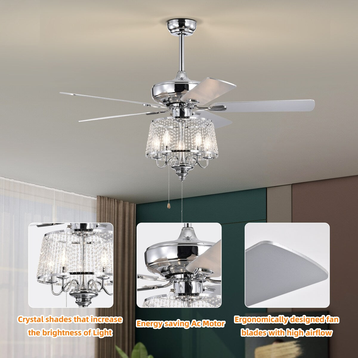 52 Inch Crystal Ceiling Fan , Modern Electrical Fan with 5 Wood Reversible Blades