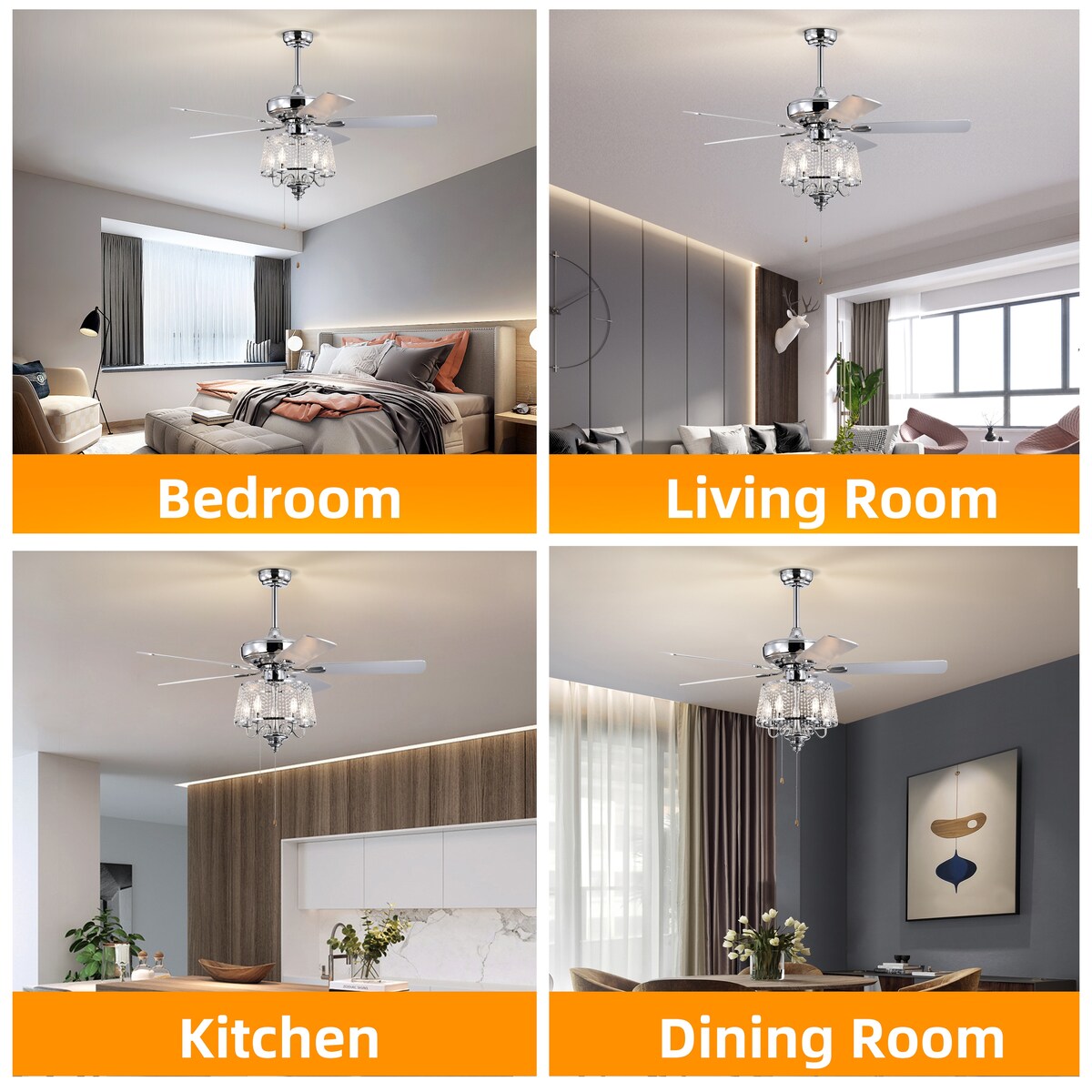 52 Inch Crystal Ceiling Fan , Modern Electrical Fan with 5 Wood Reversible Blades