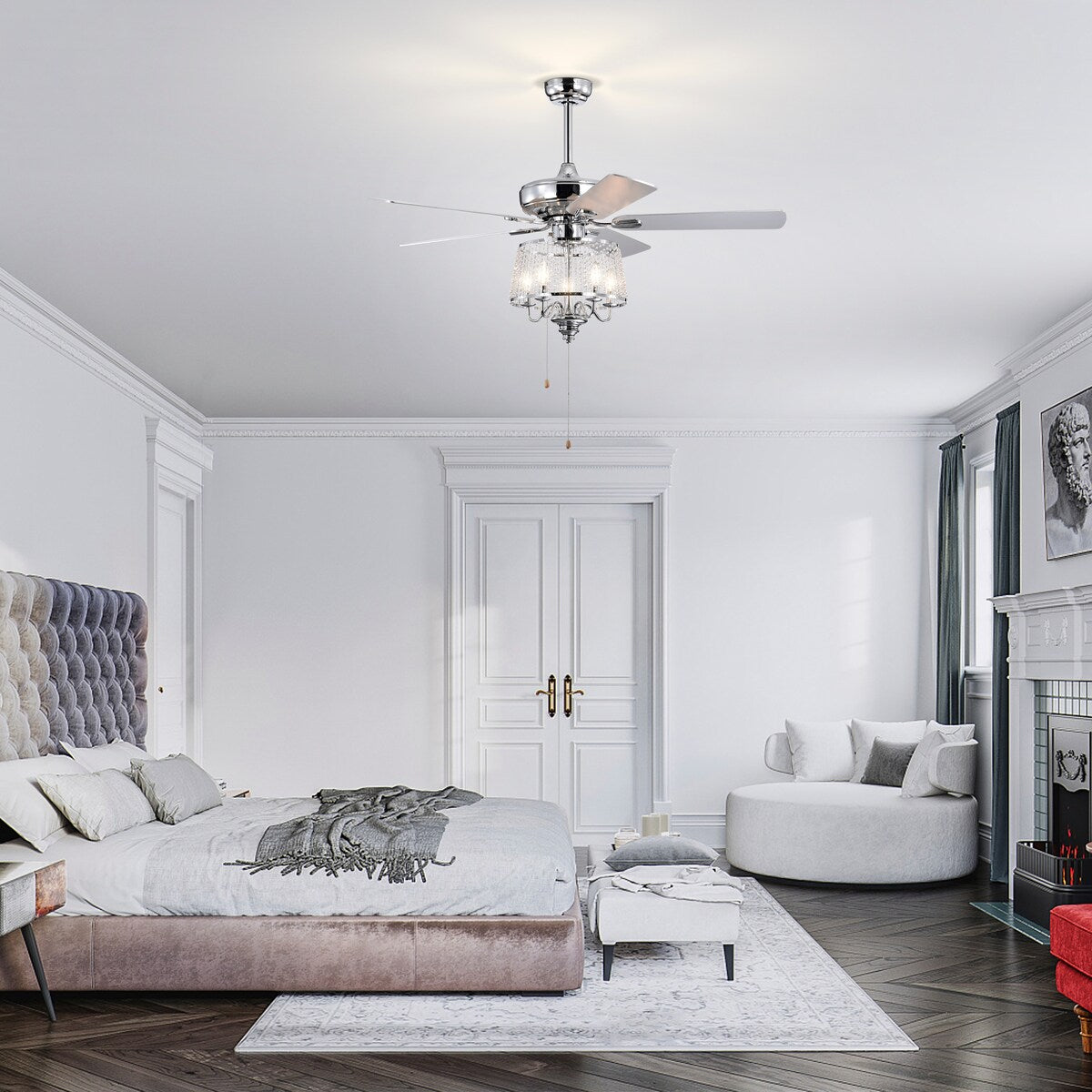 52 Inch Crystal Ceiling Fan , Modern Electrical Fan with 5 Wood Reversible Blades
