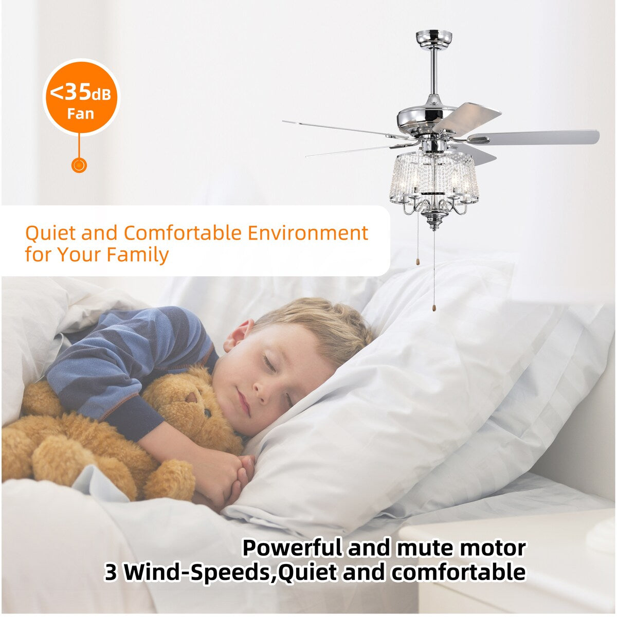 52 Inch Crystal Ceiling Fan , Modern Electrical Fan with 5 Wood Reversible Blades