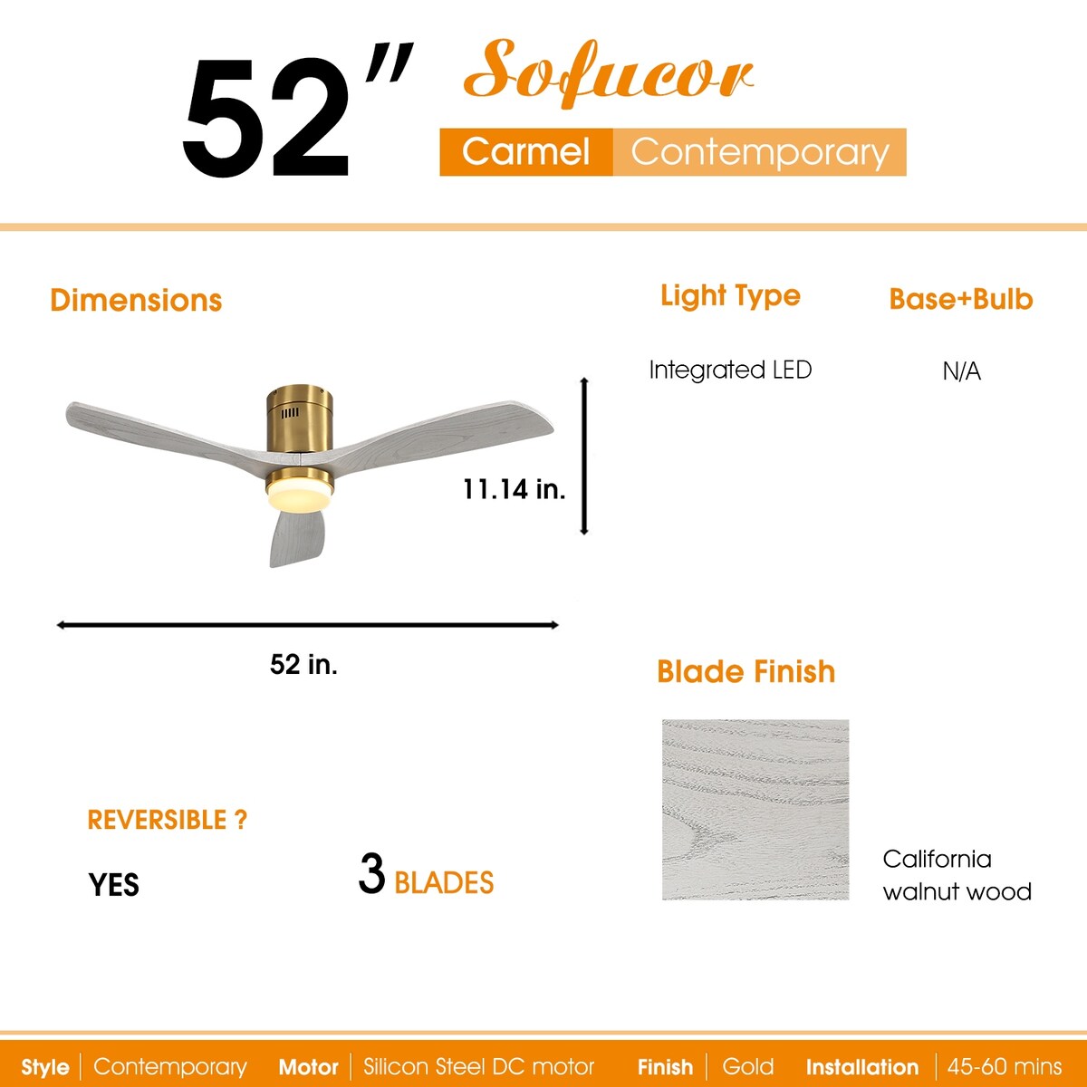 52 Inch Decorative LED Ceiling Fan With Dimmable LED Light 6 Speed Remote 3 Solid Wood Blades Reversible DC Motor