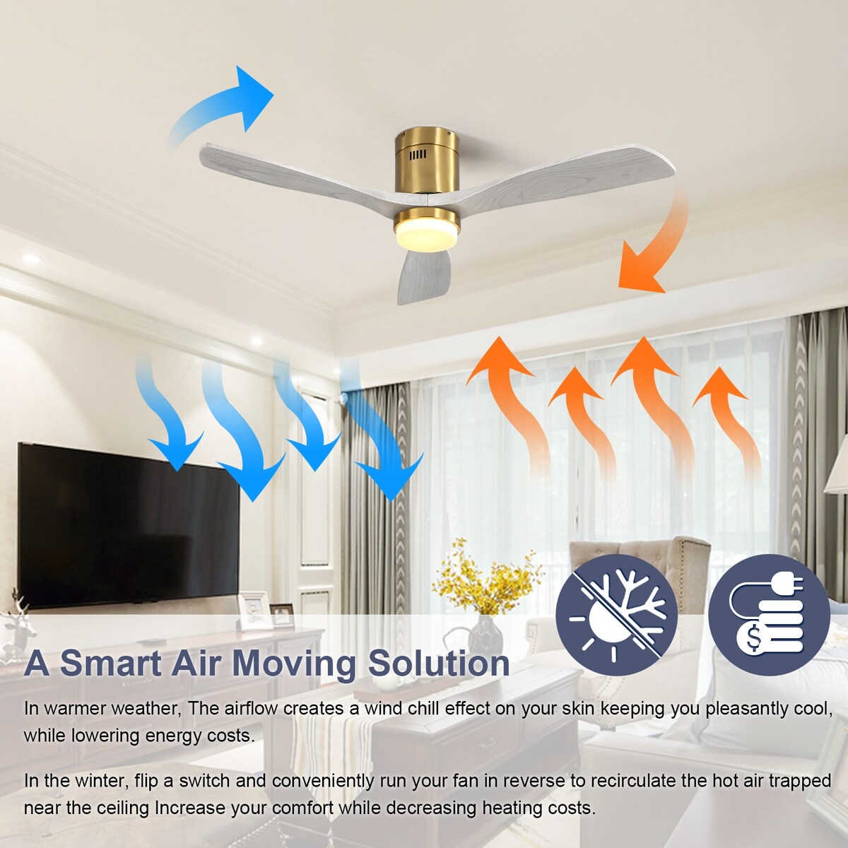52 Inch Decorative LED Ceiling Fan With Dimmable LED Light 6 Speed Remote 3 Solid Wood Blades Reversible DC Motor