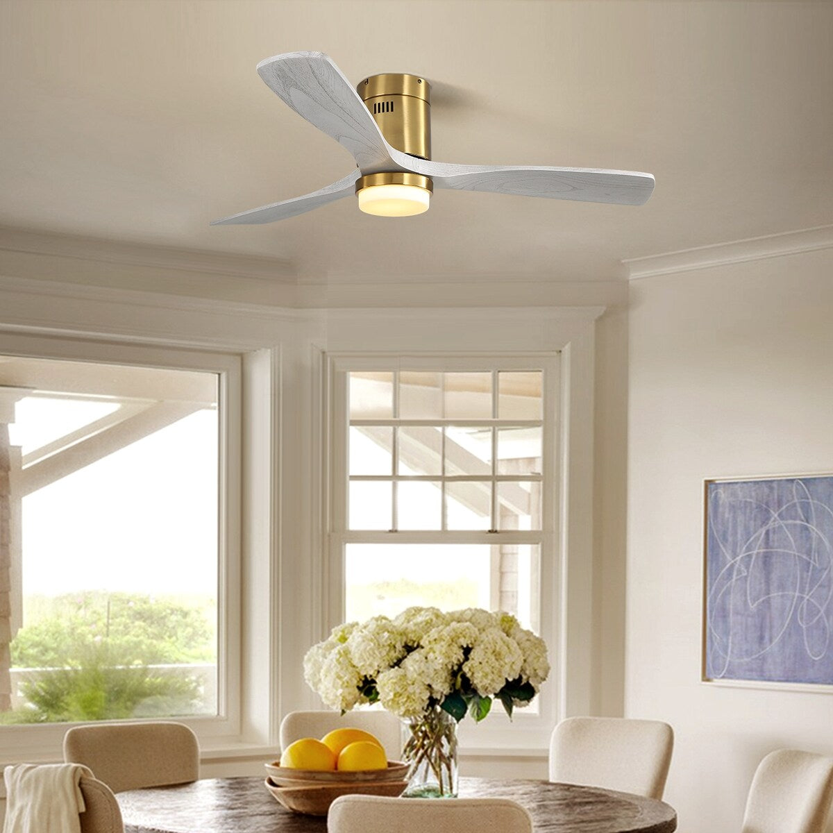 52 Inch Decorative LED Ceiling Fan With Dimmable LED Light 6 Speed Remote 3 Solid Wood Blades Reversible DC Motor