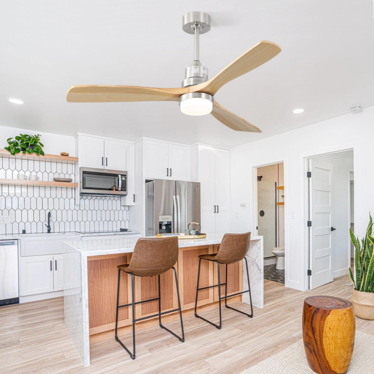 52 Inch Indoor Ceiling Fan With 3 Color Dimmable 3 Solid Wood Blades Remote Control Reversible DC Motor With 18W Led Light