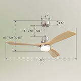 52 Inch Indoor Ceiling Fan With 3 Color Dimmable 3 Solid Wood Blades Remote Control Reversible DC Motor With 18W Led Light