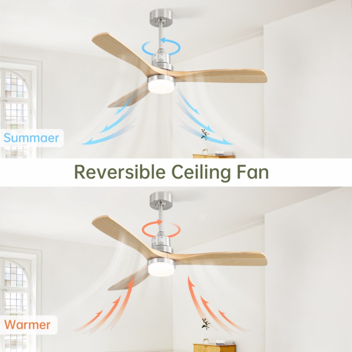 52 Inch Indoor Ceiling Fan With 3 Color Dimmable 3 Solid Wood Blades Remote Control Reversible DC Motor With 18W Led Light
