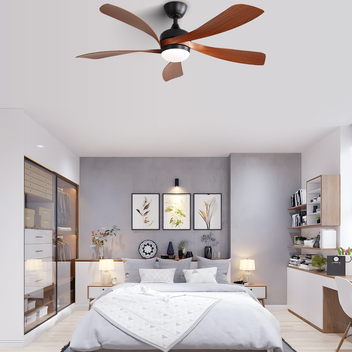 52 Inch Indoor Ceiling Fan With 3 Color Dimmable 5 ABS Blades Remote Control Reversible DC Motor Black With Led Light