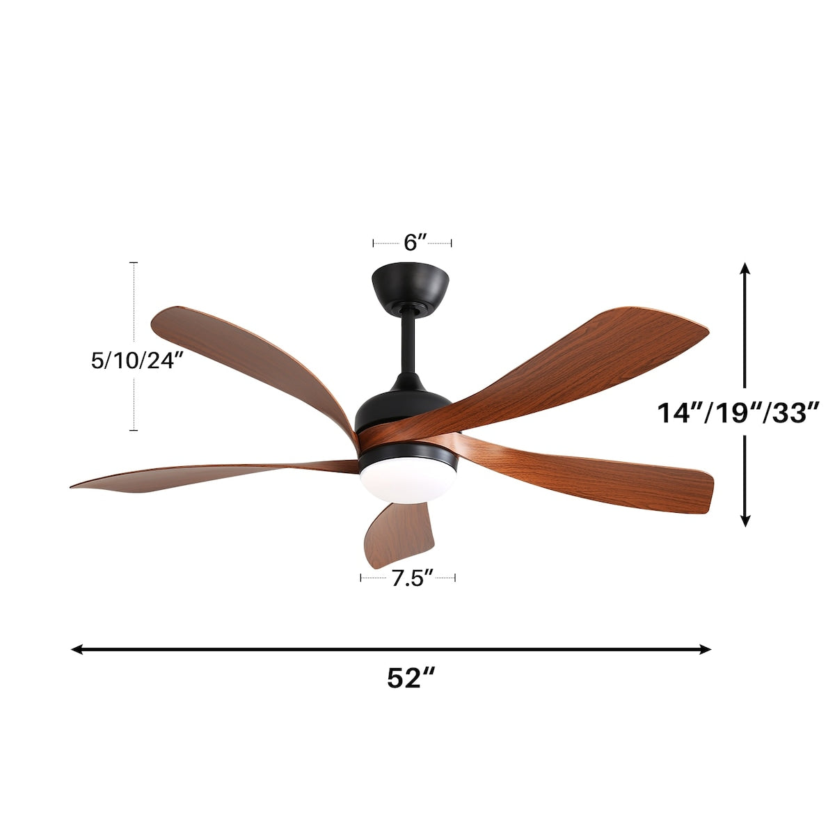 52 Inch Indoor Ceiling Fan With 3 Color Dimmable 5 ABS Blades Remote Control Reversible DC Motor Black With Led Light