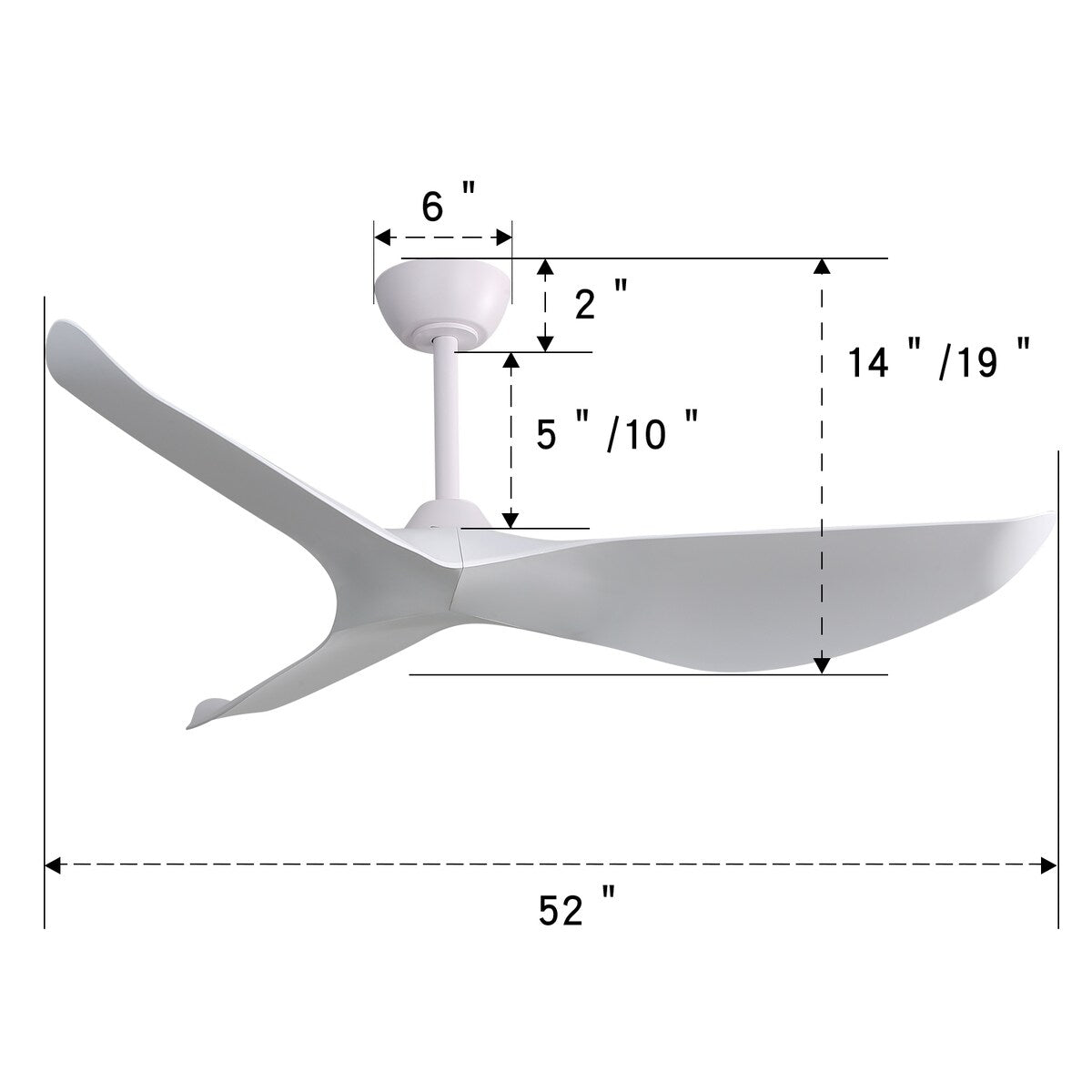 52 Inch Indoor Ceiling Fan With 6 Speed Remote 3 ABS Blade Reversible DC Motor White For Living Room