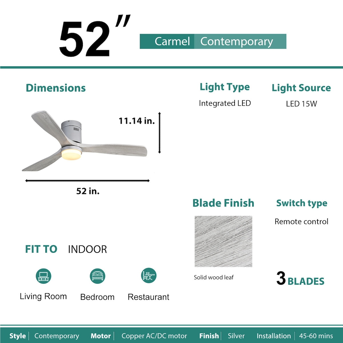 52 Inch Indoor Ceiling Fan With Dimmable 6 Speed Remote Silver 3 Solid Wood Blade Reversible DC Motor For Living Room