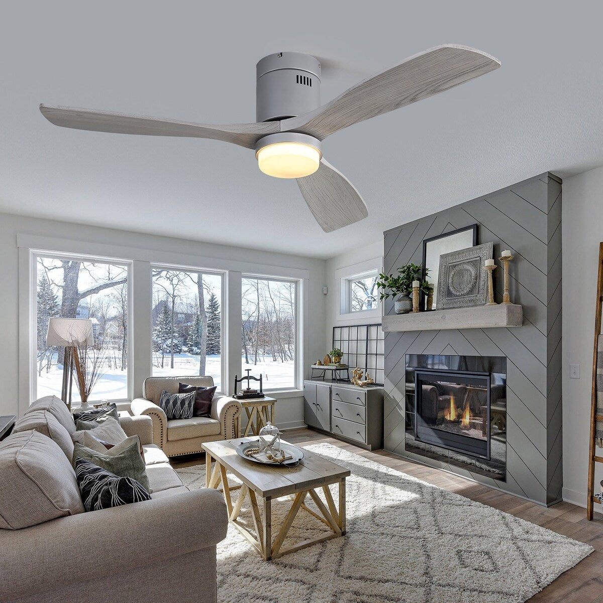 52 Inch Indoor Ceiling Fan With Dimmable 6 Speed Remote Silver 3 Solid Wood Blade Reversible DC Motor For Living Room