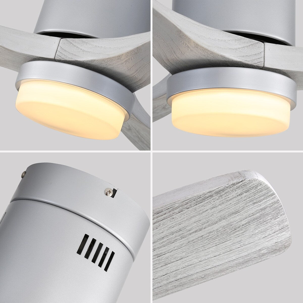 52 Inch Indoor Ceiling Fan With Dimmable 6 Speed Remote Silver 3 Solid Wood Blade Reversible DC Motor For Living Room