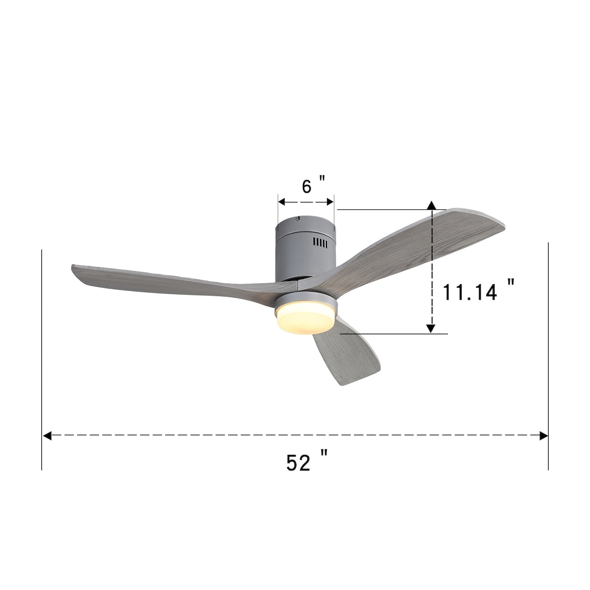 52 Inch Indoor Ceiling Fan With Dimmable 6 Speed Remote Silver 3 Solid Wood Blade Reversible DC Motor For Living Room