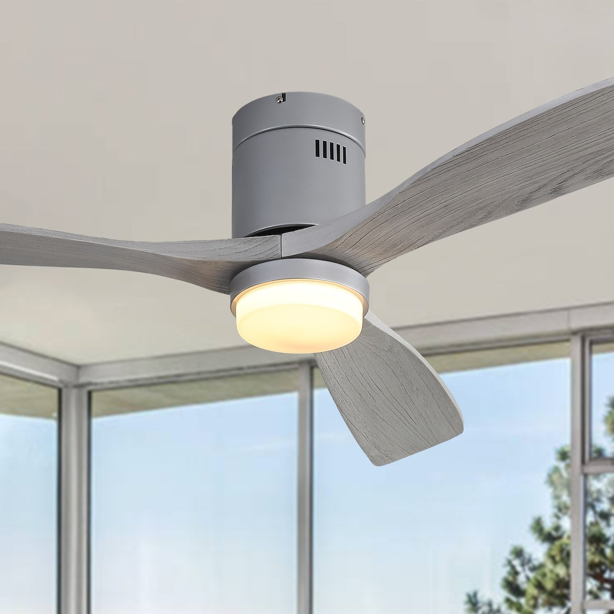 52 Inch Indoor Ceiling Fan With Dimmable 6 Speed Remote Silver 3 Solid Wood Blade Reversible DC Motor For Living Room