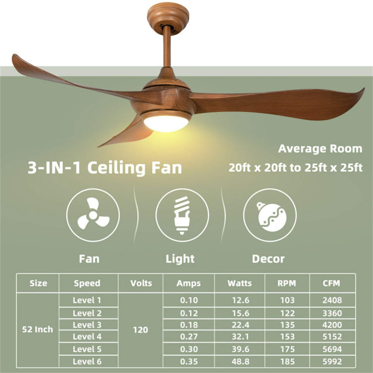 52 Inch Light Reversible DC Motor Ceiling Fan
