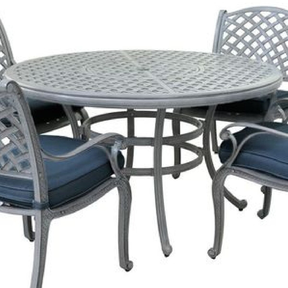 52 Inch Metal 5 Piece Outdoor Dining Set, Lattice Design, Gray and Blue
