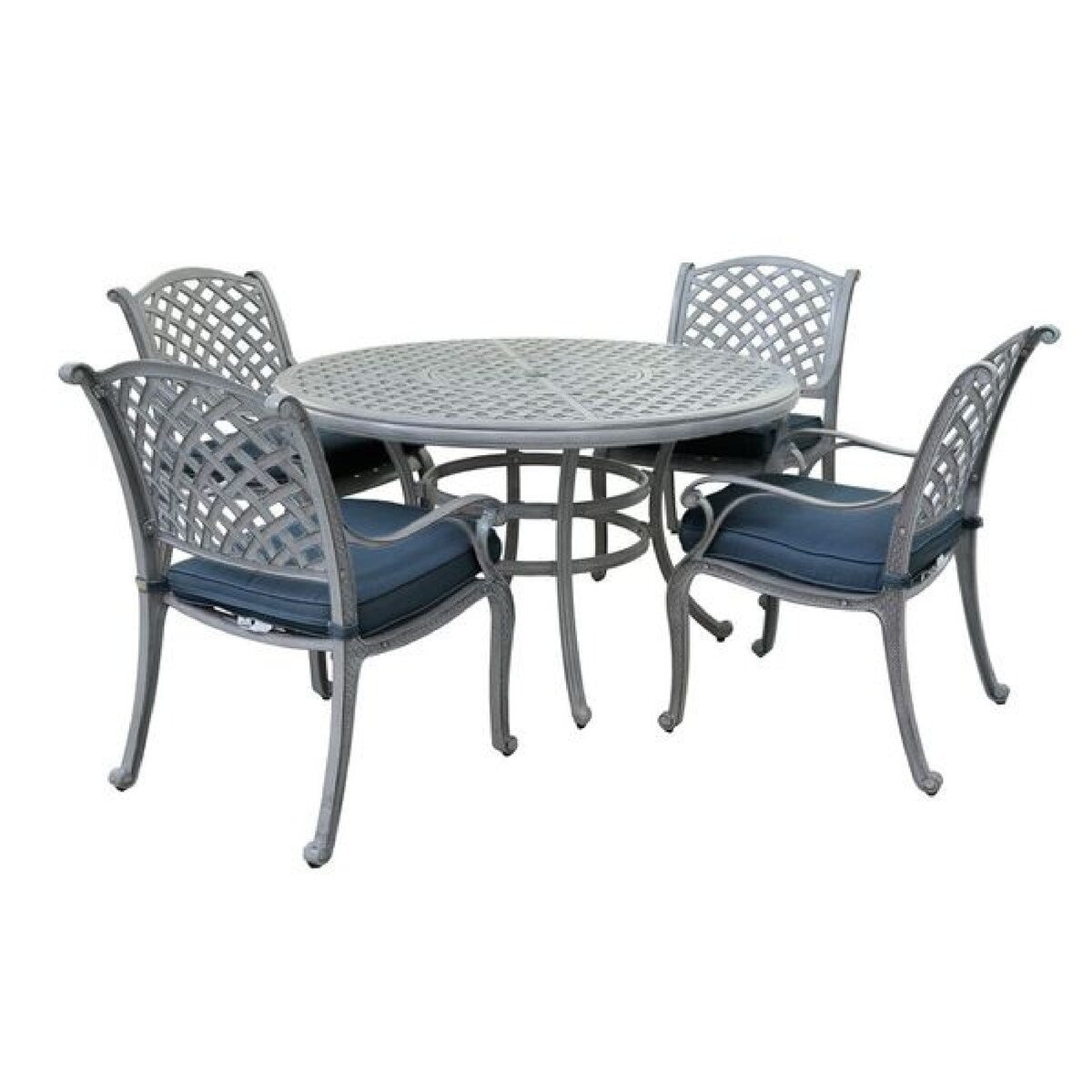 52 Inch Metal 5 Piece Outdoor Dining Set, Lattice Design, Gray and Blue