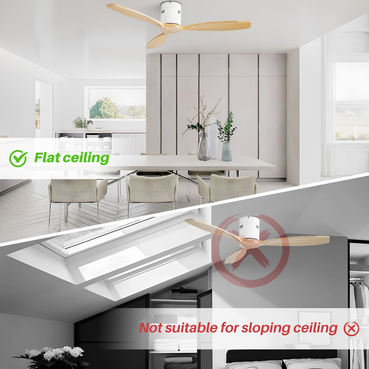 52 Inch Solid Wood Blades Ceiling Fan without Light,Reversible Airflow,6 Gear Wind Speed - 52 inch