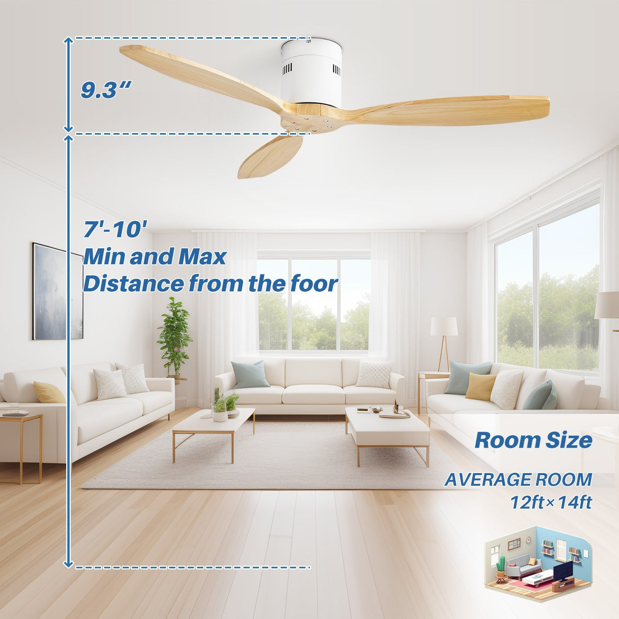 52 Inch Solid Wood Blades Ceiling Fan without Light,Reversible Airflow,6 Gear Wind Speed - 52 inch
