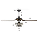 52-in Matte Black Modern Crystal Downrod Mount Fandelier Ceiling Fan with Light and Remote