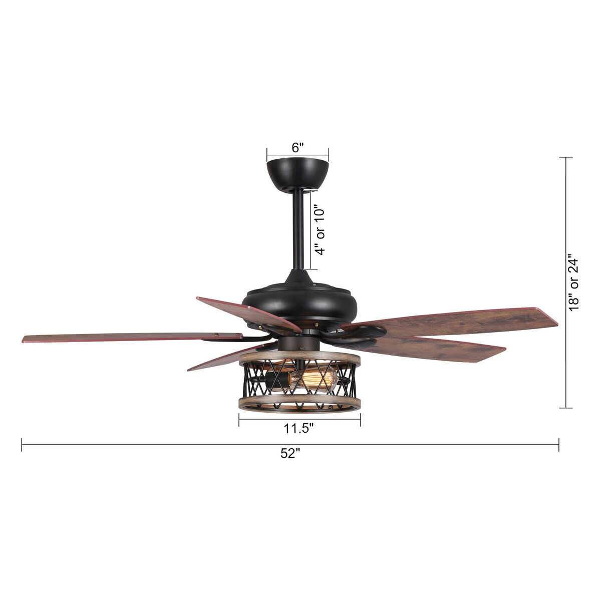 52-in Matte Black Wood Industrial Chandelier Ceiling Fan with Light Kit and Downrod