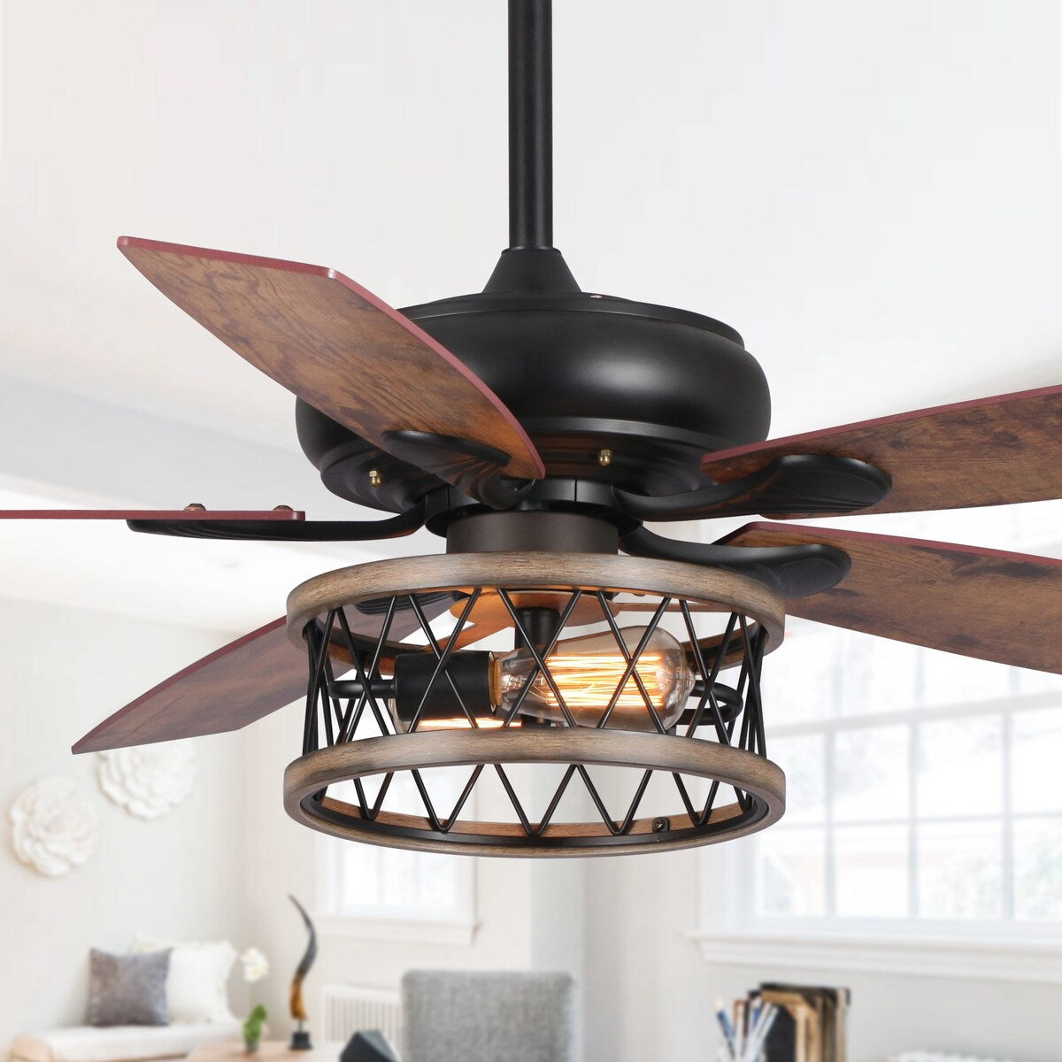 52-in Matte Black Wood Industrial Chandelier Ceiling Fan with Light Kit and Downrod