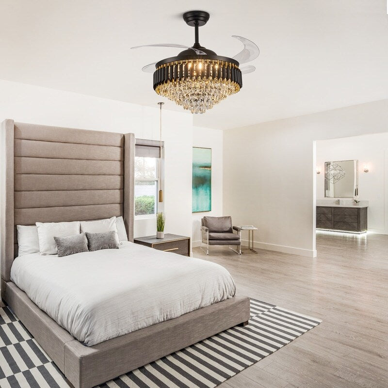 52 in. Integrated LED Modern Black Crystal Chandelier Ceiling Fan with Lights and Remote Retractable Fan Light - 52in.Fandelier