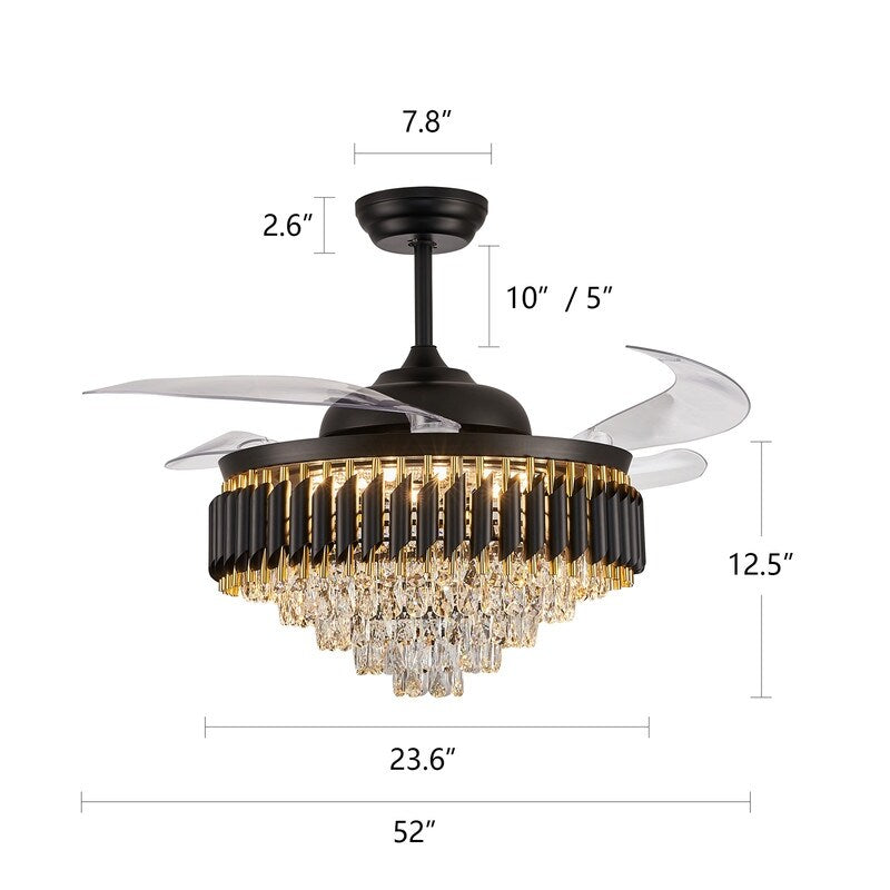 52 in. Integrated LED Modern Black Crystal Chandelier Ceiling Fan with Lights and Remote Retractable Fan Light - 52in.Fandelier