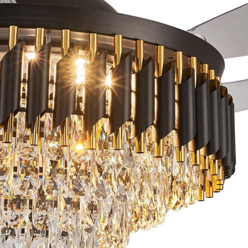 52 in. Integrated LED Modern Black Crystal Chandelier Ceiling Fan with Lights and Remote Retractable Fan Light - 52in.Fandelier