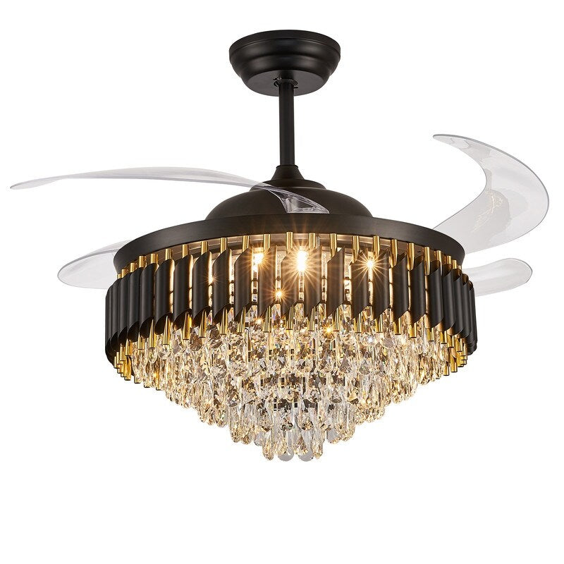 52 in. Integrated LED Modern Black Crystal Chandelier Ceiling Fan with Lights and Remote Retractable Fan Light - 52in.Fandelier