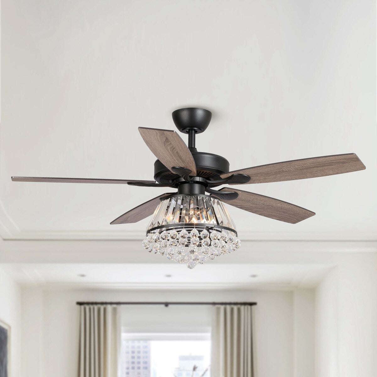 52-inch Walnut Wooden 5-blade Crystal Ceiling Fan with Remote